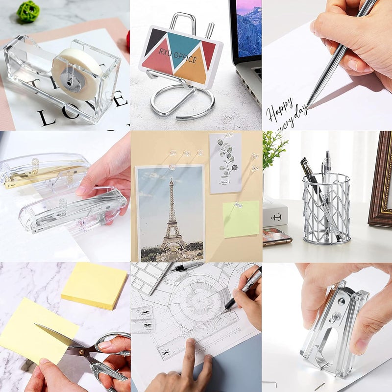 Famassi Office Desk Accessories, Acrylic Stapler, Staple Remover, Tape Holder, Pen Holder, Ballpoint Pen, Scissor, Binder Clips, 1000pcs Staples, Phone Holder, Ruler, Transparent Glue and 300 Notes - Image 5